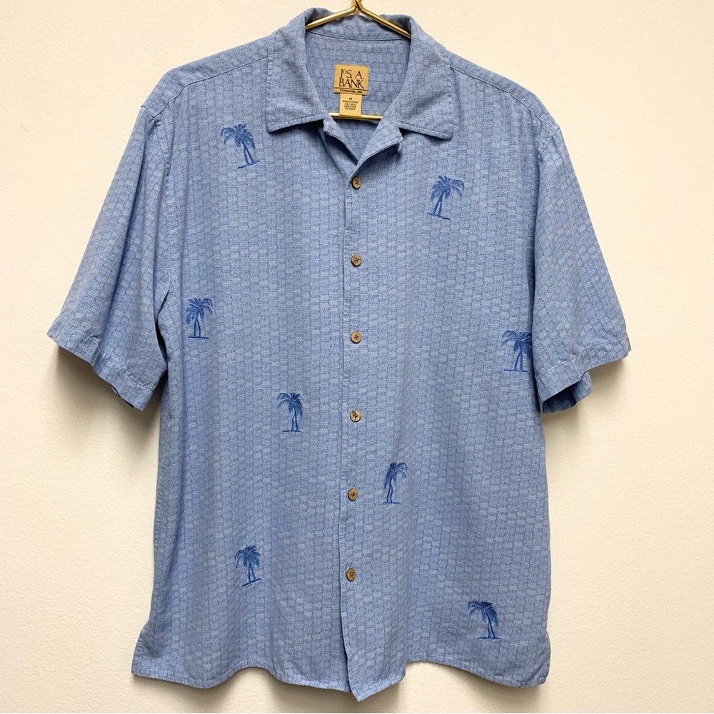 Jos A Bank 100% Silk Hawaiian Camp Shirt Size Medium Embroidered Palm Trees Blue